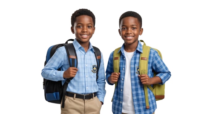 Two happy school pupils with backpacks